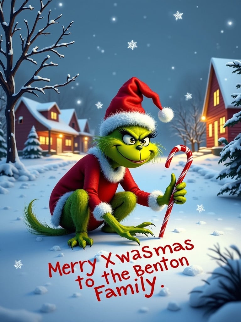 Winter scene with the Grinch in a Santa hat. The Grinch has a jolly expression and is crouching. The Grinch writes 'Merry Xmas to the Benton Family' in snow. The Grinch holds a candy cane. Snowflakes fall around. Background shows snow-covered roads trees and houses with Christmas lights.