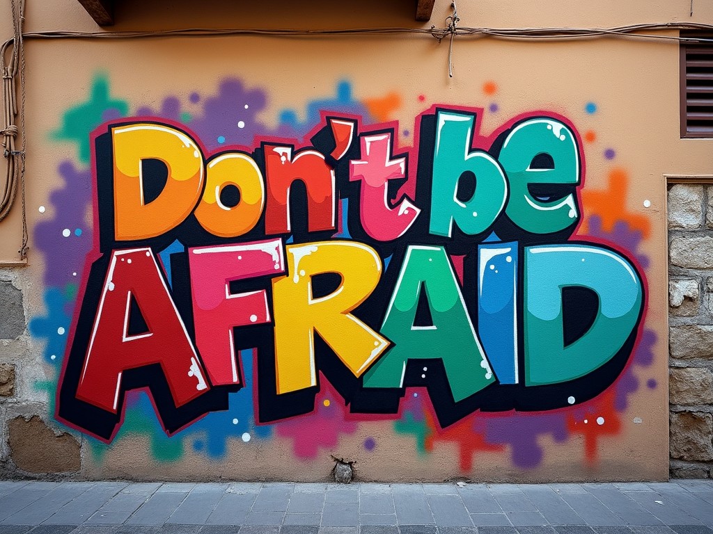 A colorful graffiti mural on a wall that says 'Don't be afraid'.