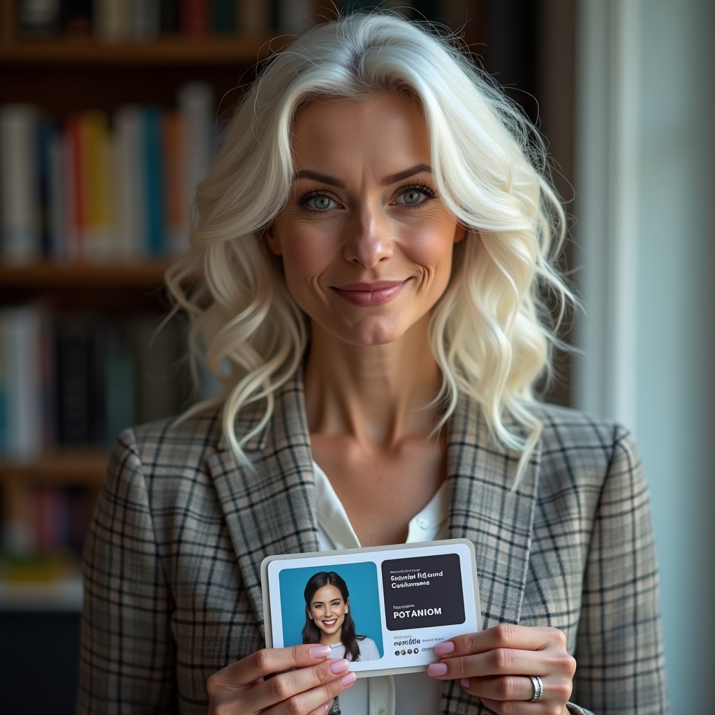 A confident middle-aged woman stands in an office setting, holding her ID card. She has long, wavy blonde hair and is dressed in a stylish plaid blazer. The ID card shows a photo of her, indicating her professional identity. The background is filled with bookshelves, giving a scholarly vibe. She has a warm smile, exuding both professionalism and approachability. This image captures the essence of modern workplace identity and personal branding.