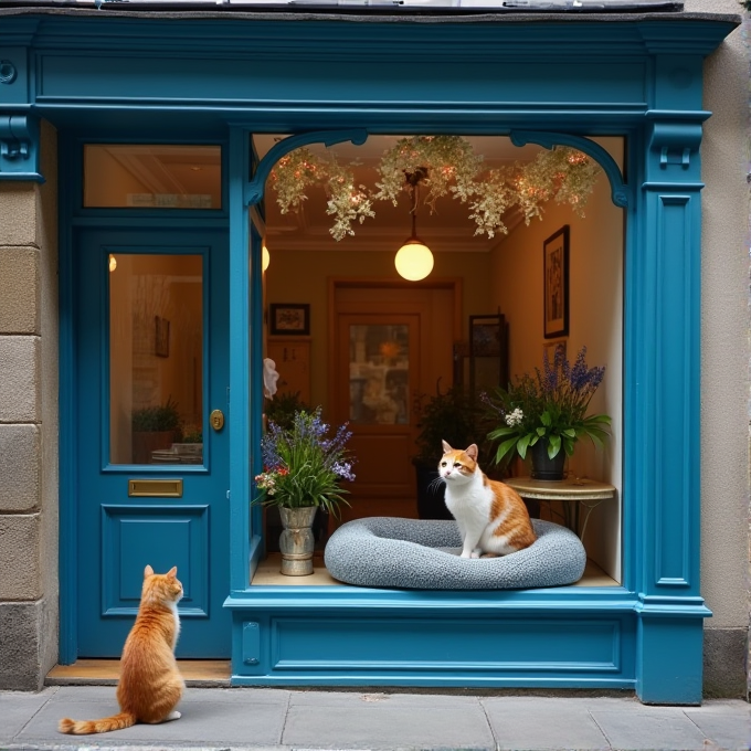 A cozy blue storefront with two cats and potted plants displayed.