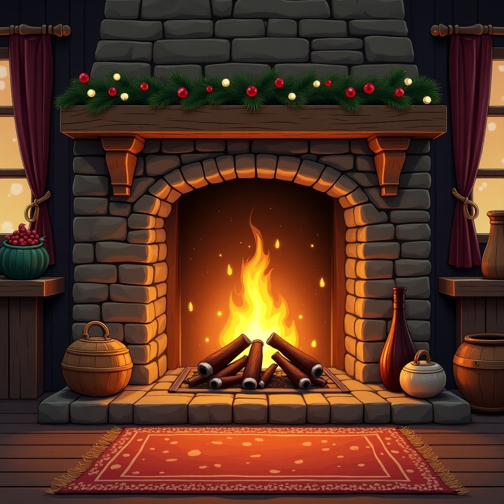 A cozy fireplace with logs burning warmly. Surrounded by a rustic stone structure. A decorative rug placed in front of the hearth. The setting evokes a festive and inviting atmosphere. Styled as a high-quality digital illustration.