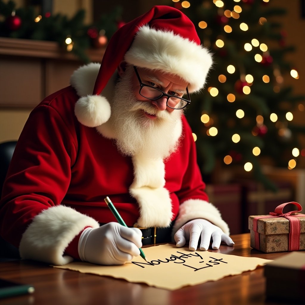 Santa Claus writing on parchment. Scene is festive with Christmas decorations in background. Warm lighting enhances holiday spirit.