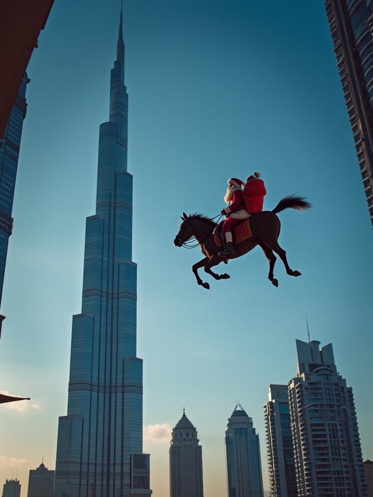 Santa flying over the Burj Khalifa in Dubai. Santa is on a horse in the sky. The building towers over the city skyline. Bright and clear sky.