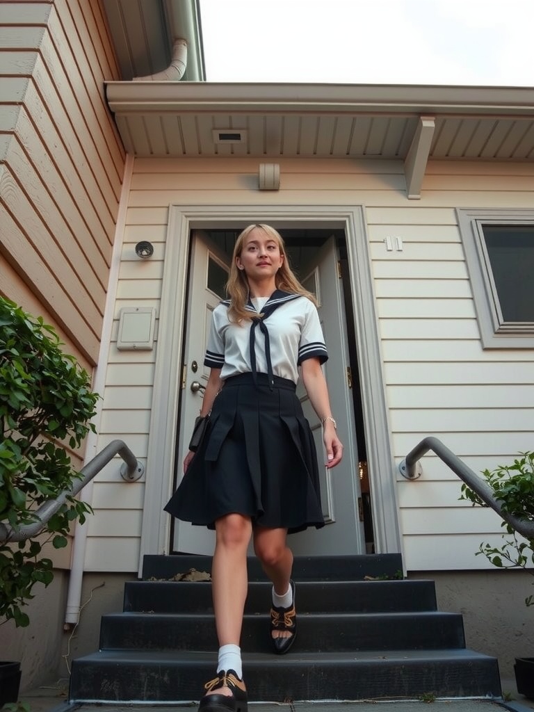 The image features a young woman stepping down the stairs of a house. She is wearing a school uniform with a white top and a black pleated skirt. The house has a light-colored exterior with plants on either side of the staircase, conveying a clean and welcoming atmosphere.