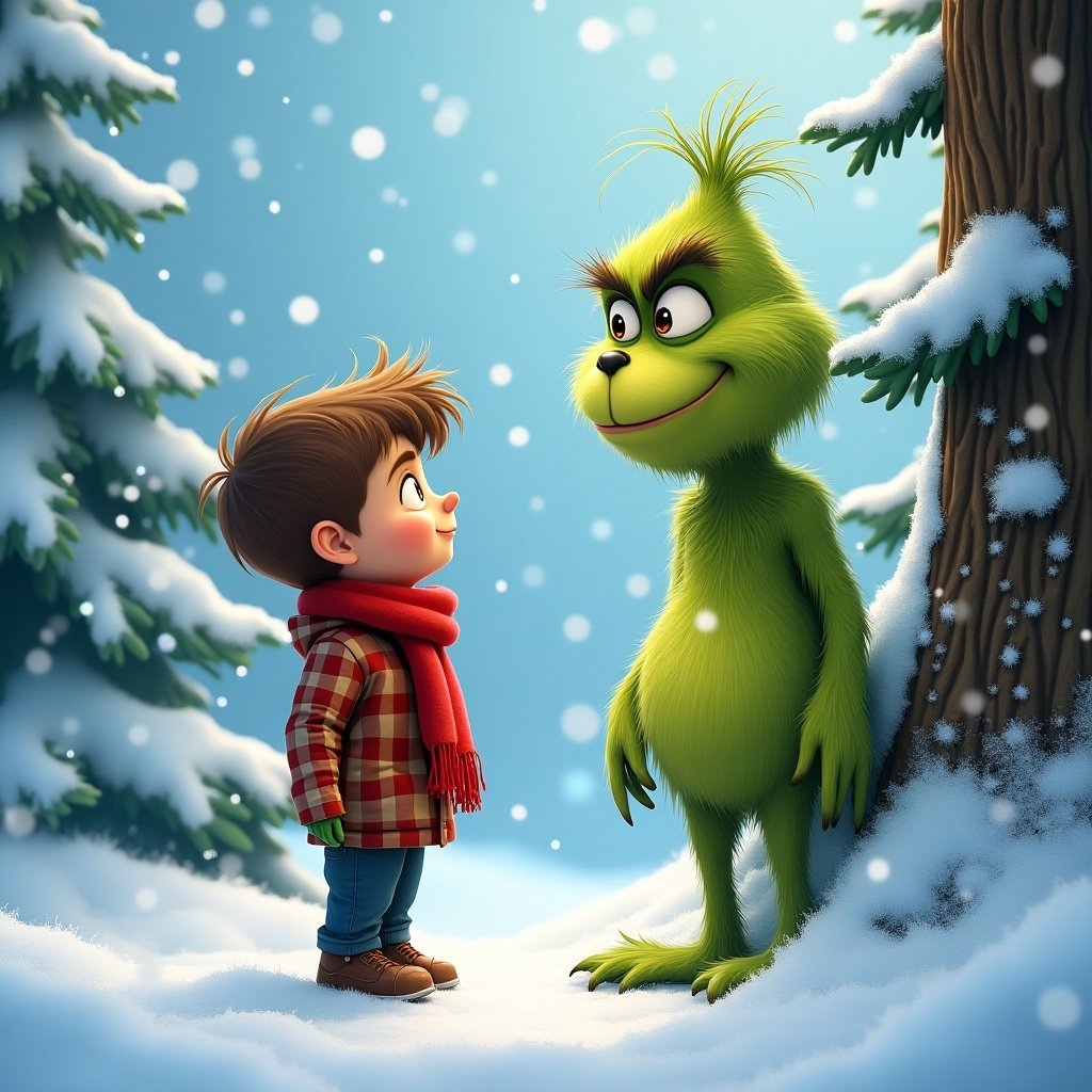 Children's character meeting a green whimsical creature in a winter scene. Snow-covered landscape with trees and soft lighting. Brightly colored characters in a playful setting.