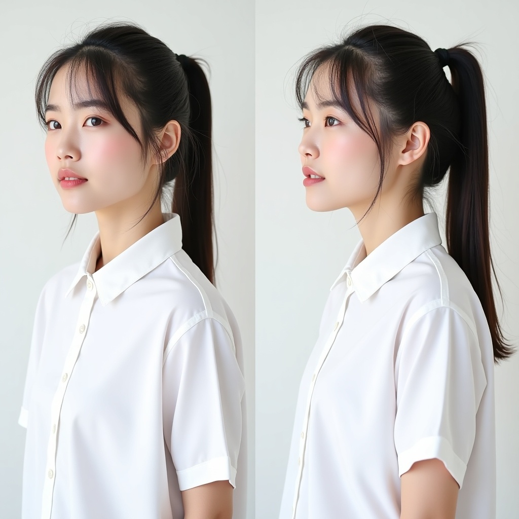 Image features girl in plain white uniform shirt. Three views shown: left, front, and right. Hair styled in ponytail. No accessories. Focus on expression and uniform. Captured in soft, spotlighted lighting. Overall tone clean and professional.