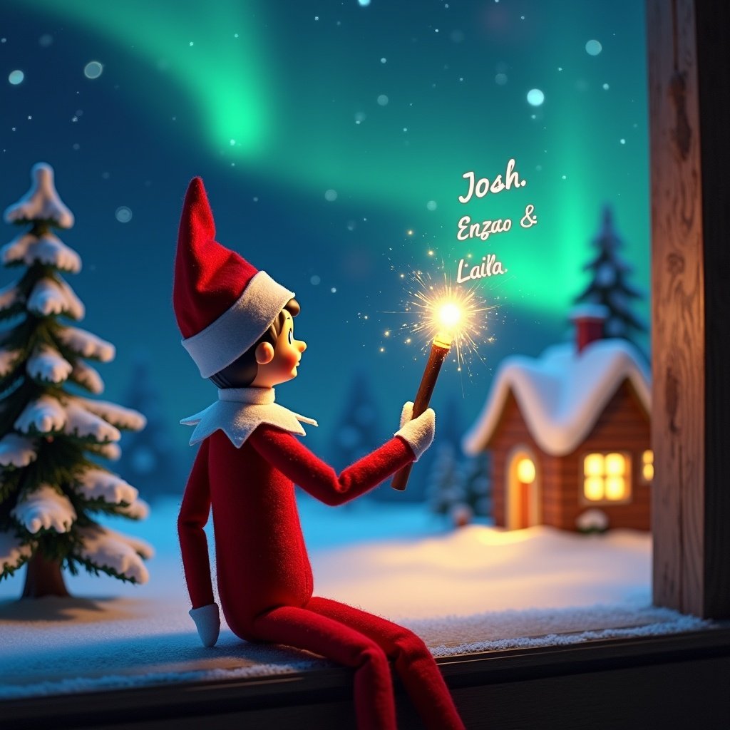 Elf on the shelf sits with back to viewer. Elf gazes skyward holding glowing wand. Charming Christmas scene with colorful northern lights. Cozy house in distance. Snow on ground. Elf embodies magic and wonder of Christmas. Name ‘Josh, Enzo & Laila’ appears in air from wand.