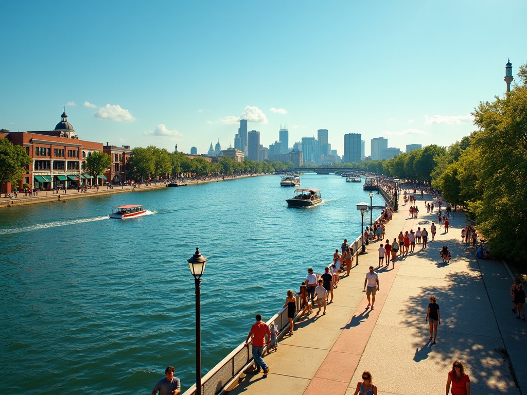 A vibrant cityscape featuring a bustling riverside pathway filled with people enjoying a sunny day, with boats on the river and a skyline in the background.