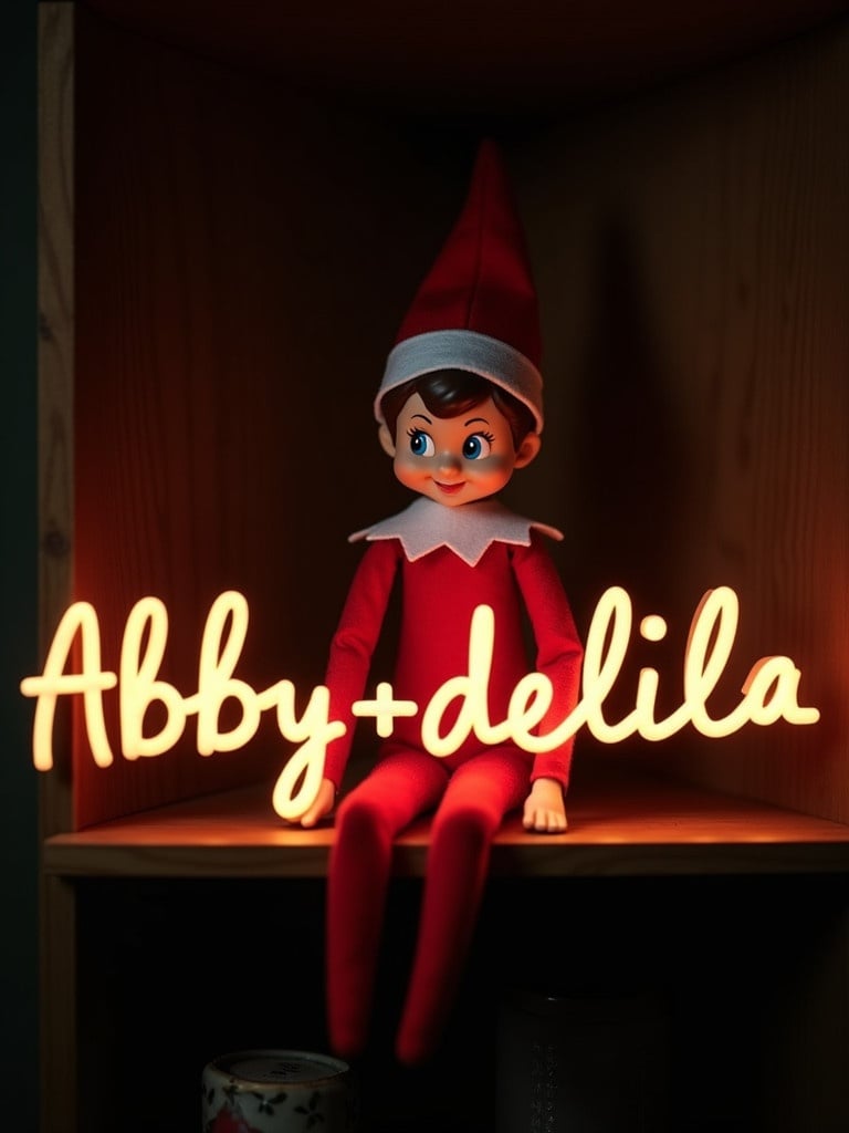 Image shows an elf on a shelf wearing red and white. Elf holds a glowing stick forming the name Abby plus Delila. The background is dark making the glow stand out. Image represents Christmas magic and joy.