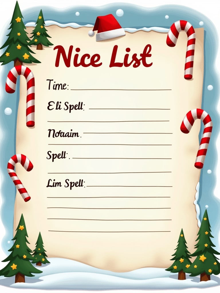 A letter from Santa Claus features a Nice List decorated with Christmas elements. The list includes names Eli Spell, Nolan Spell, Liam Spell, and is surrounded by festive trees and candy canes.