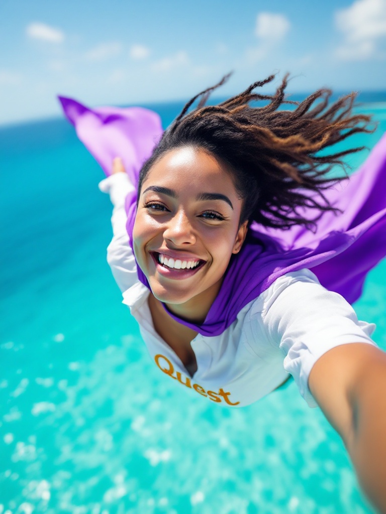 Image depicts a joyful Latin female daycare teacher soaring over the Caribbean Sea. She wears a vibrant purple cape and a white shirt with the word Quest embroidered in gold. The scene conveys adventure and empowerment with turquoise waters below and a blue sky above. Her expression radiates happiness and inspiration while showcasing the spirit of exploration and joy in shaping young minds.