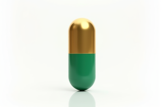 A single capsule with a golden top and a green bottom on a white background.