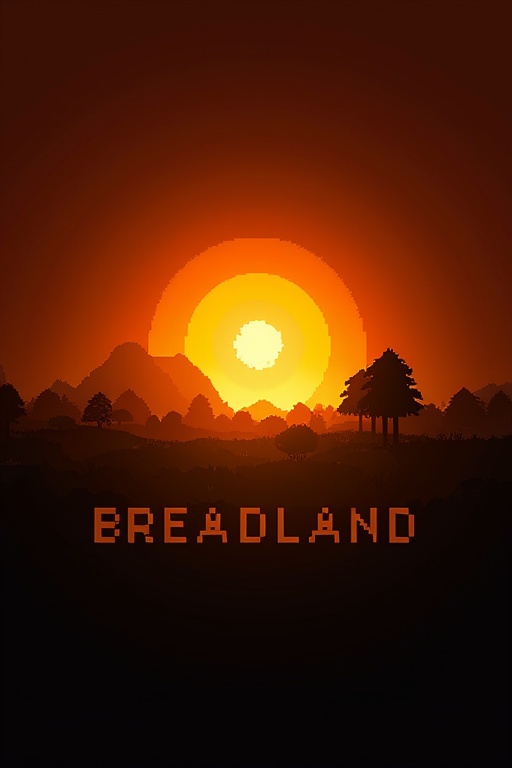 Bright orange sunset background with a Minecraft landscape. Includes trees and grass. Features glowing yellow text that reads 'Breadland'. Design resembles a bright star with galaxy colors. Appears pretty and fancy. Logo design for Minecraft server. Has a pixel icon of bread. Simple modern style for gaming communities.