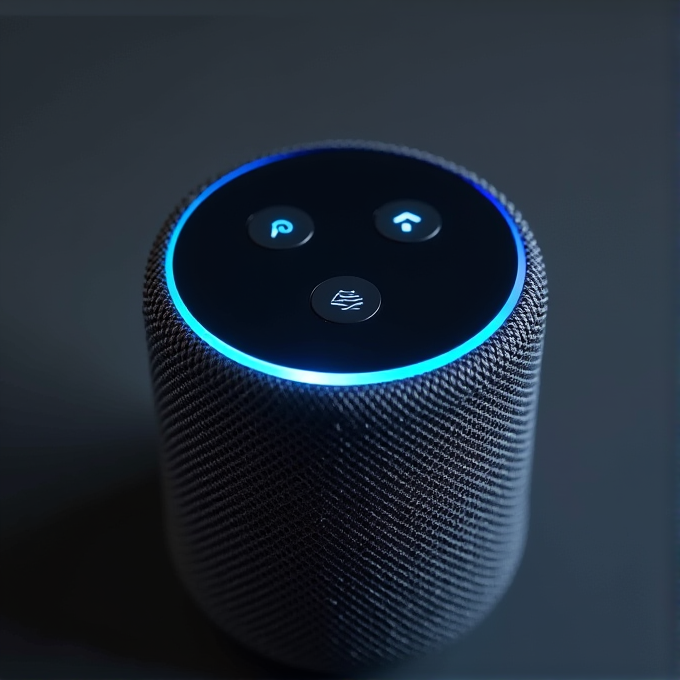 A cylindrical smart speaker with a glowing blue ring on top, housing three buttons with illuminated icons.