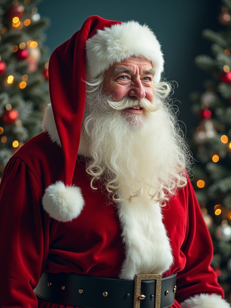 Santa Claus wears a red coat with white fur trim. A festive background with Christmas trees decorated with ornaments. A warm atmosphere for the holiday season.