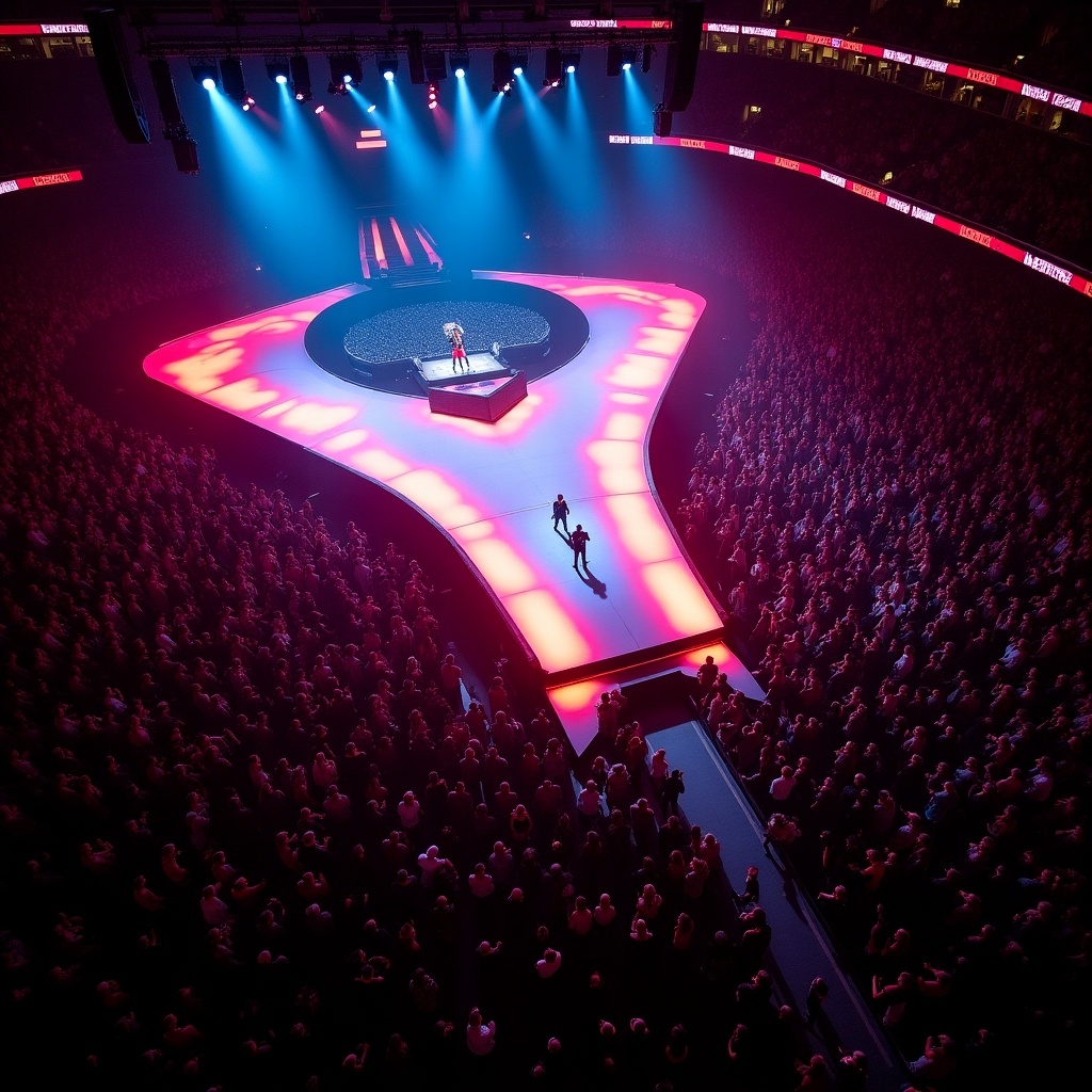 Drone view of a concert stage at Madison Square Garden featuring Roddy Rich. T-shaped runway creates a dynamic performance space. Bright red lighting illuminates the stage and audience. Packed crowd enjoying the show.