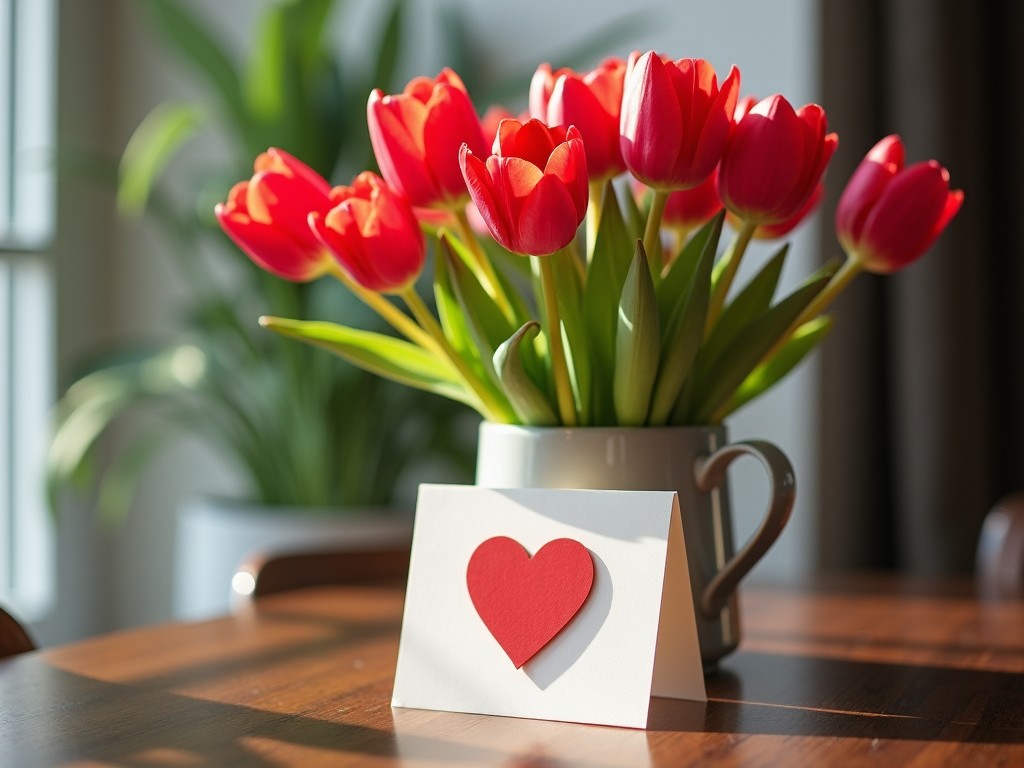 A close-up image of a bouquet of bright red tulips in a vase on a wooden table, accompanied by a white greeting card with a red heart, bathed in soft natural sunlight, in a cozy home setting.