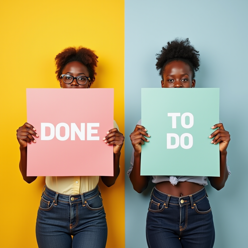 Two women hold contrasting signs, 'DONE' and 'TO DO', against vibrant yellow and blue backgrounds respectively.