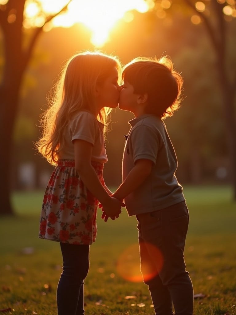 A girl leans in to kiss a boy. They hold hands and stand in a park. The sun sets in the background casting warm light.