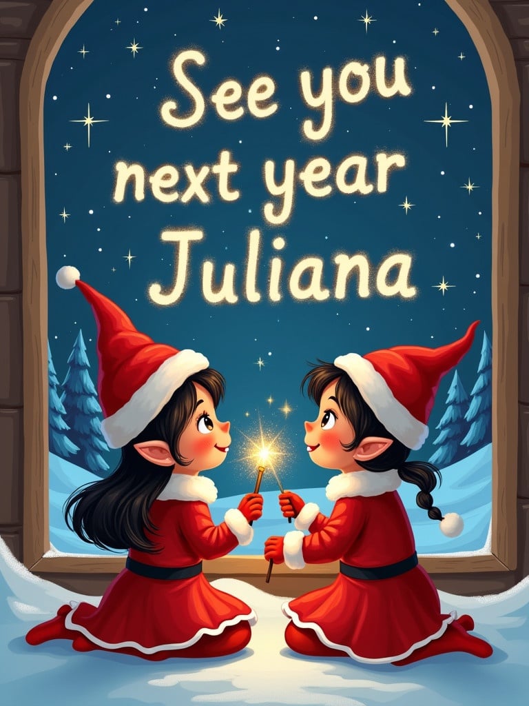 The image shows two cheerful elf characters by a snowy window. They wear red outfits while gazing at stars in the night sky. Sparkling words appear above them. The scene is whimsical and magical, capturing the holiday spirit. Their expressions are joyful and playful.