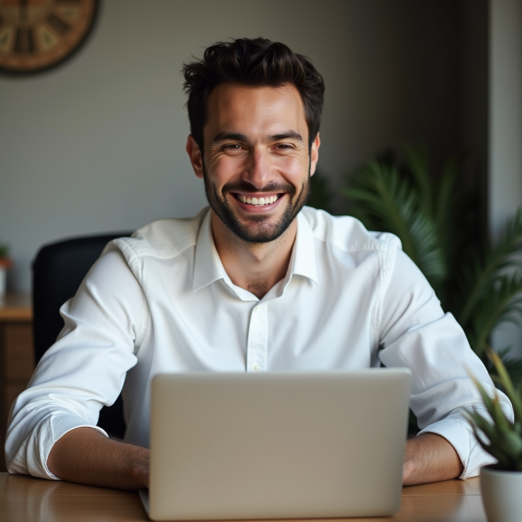 A smiling man in a white shirt working on a laptop at a desk.