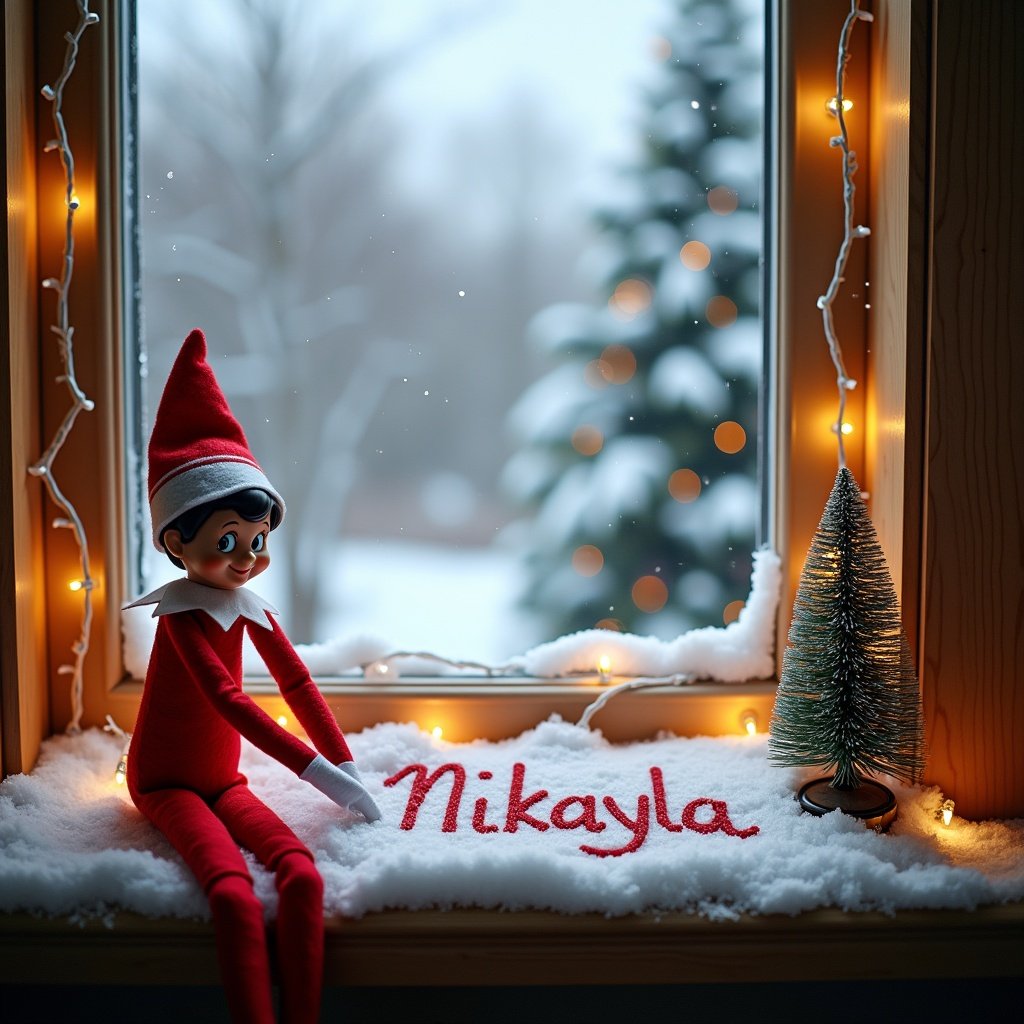 Festive scene featuring an Elf on the Shelf character sitting on a window sill. The elf is writing 'Mikayla' in the snow below. A winter landscape is visible outside with snowflakes falling. Decorated Christmas trees are in the background, and twinkling lights frame the window.