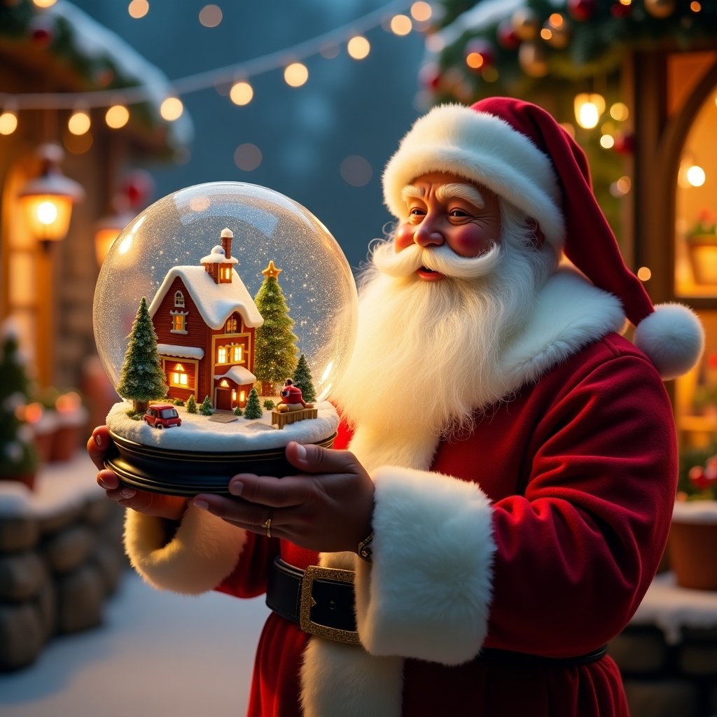 Christmas scene features Santa Claus in red and white suit holding a snow globe. Snow globe contains a Christmas scene. Background shows a toy shop with festive decorations and glowing lights.