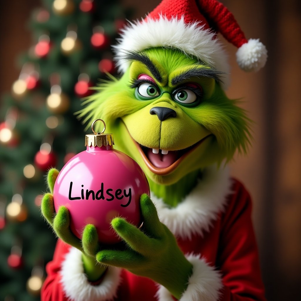 The Grinch holding a pink Christmas ornament with the name Lindsey on it.