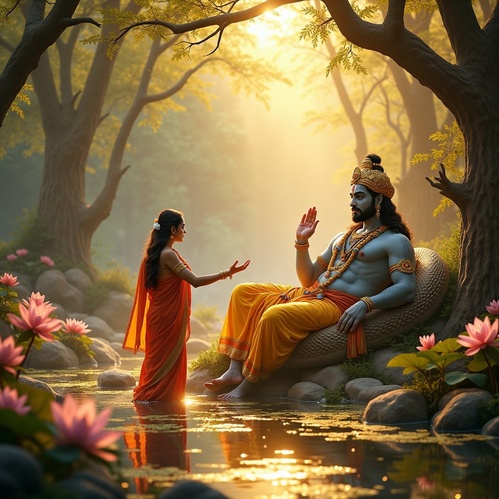 A celestial garden scene featuring Lord Vishnu reclining on Sheshnag, with Urvashi expressing admiration and longing. The garden is filled with lotus ponds and exotic flowers, illuminated by a golden light. Divine beings observe the moment, adding to the ethereal ambiance.