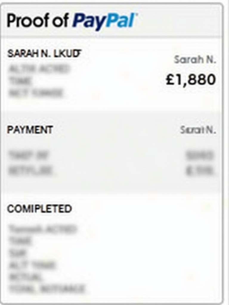 Image shows document confirming payment from PayPal. Transaction total is £16,880. Recipient is Sarah N. Document design is typical of PayPal. Layout has clear text and simplified background for readability.