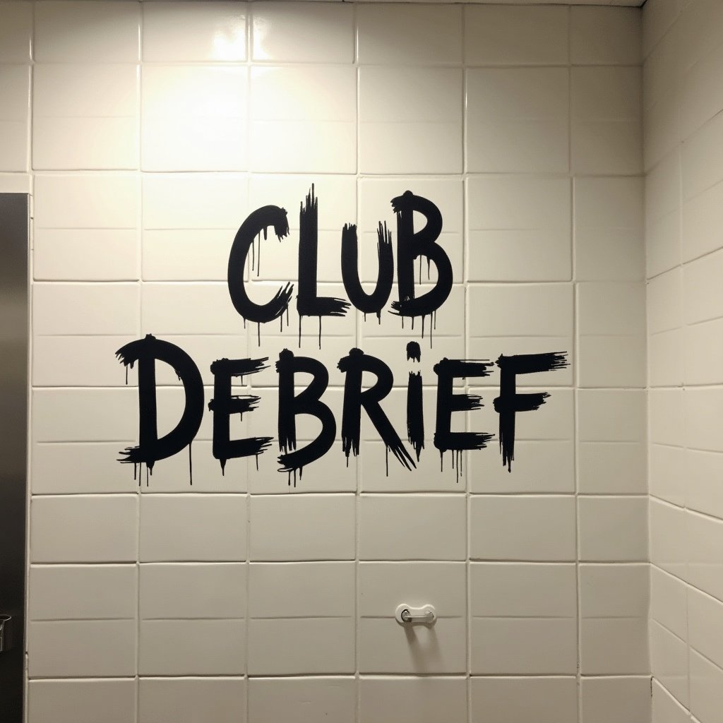 Public bathroom wall features phrase 'CLUB DEBRIEF' written in black poska ink on white tiles.