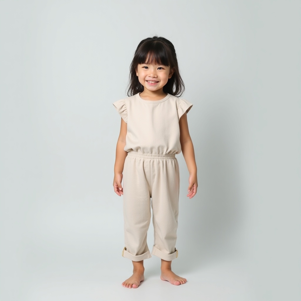 Image of a young girl standing. Background is light gray. Girl wears beige clothing. She has a natural smile. The atmosphere is calm and soft. Pose appears confident and relaxed. Style is minimalistic. Focus is on the subject.