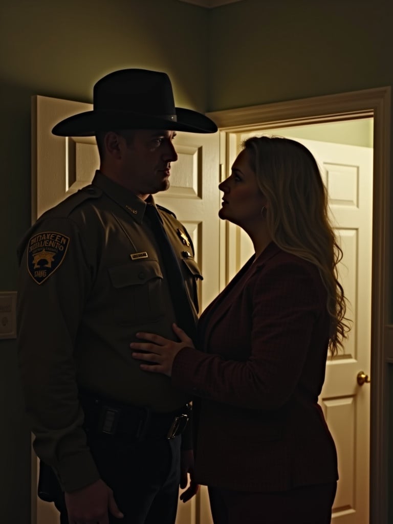 Sheriff stands in a house with a woman. Suspenseful atmosphere lingers in the room. Dimly lit environment surrounds them. Sparse details in the background add depth to the scene.