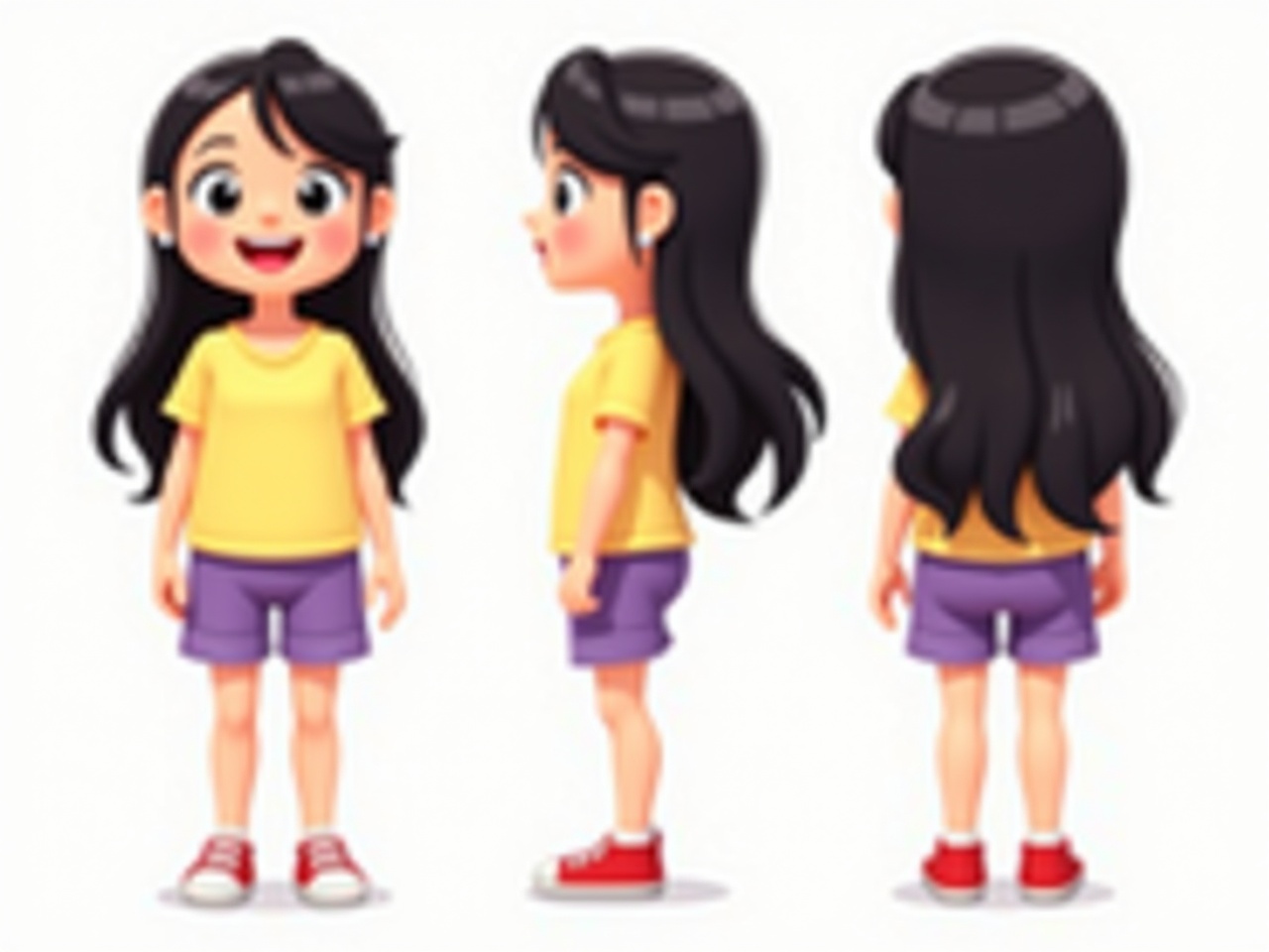 This image is a cartoon character turn-around sheet showcasing a cheerful girl with long black hair. She is depicted in a yellow t-shirt, purple shorts, and red sneakers. The sheet features three views: front, side, and back, allowing a comprehensive view of the character's design. The style is vibrant and engaging, making it suitable for children's content. This character design could be utilized for animations or children's books.