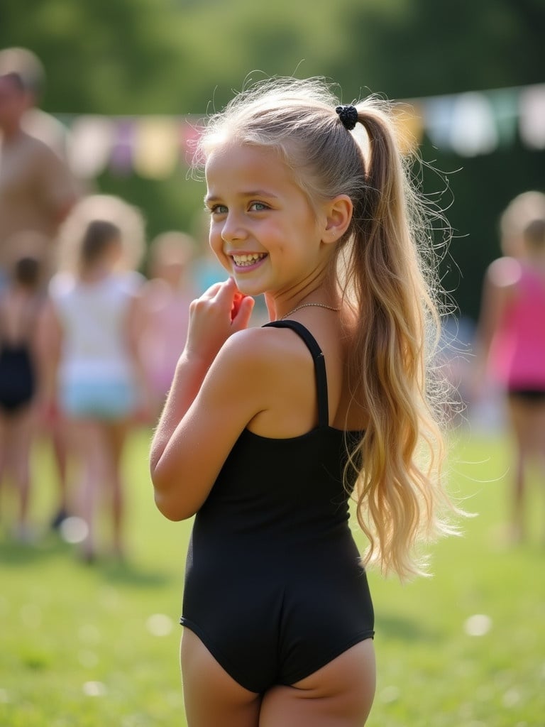 An 8-year-old girl with long blonde hair enjoys an outdoor party. She wears a black leotard and poses playfully while looking back. The setting is cheerful and lively with other children in the background.