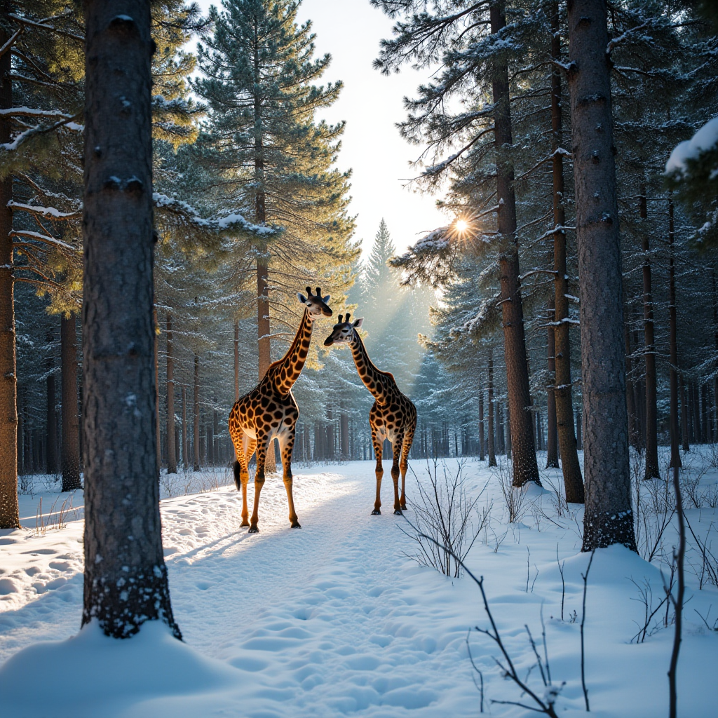 Two giraffes standing in a snowy forest illuminated by gentle sunlight.