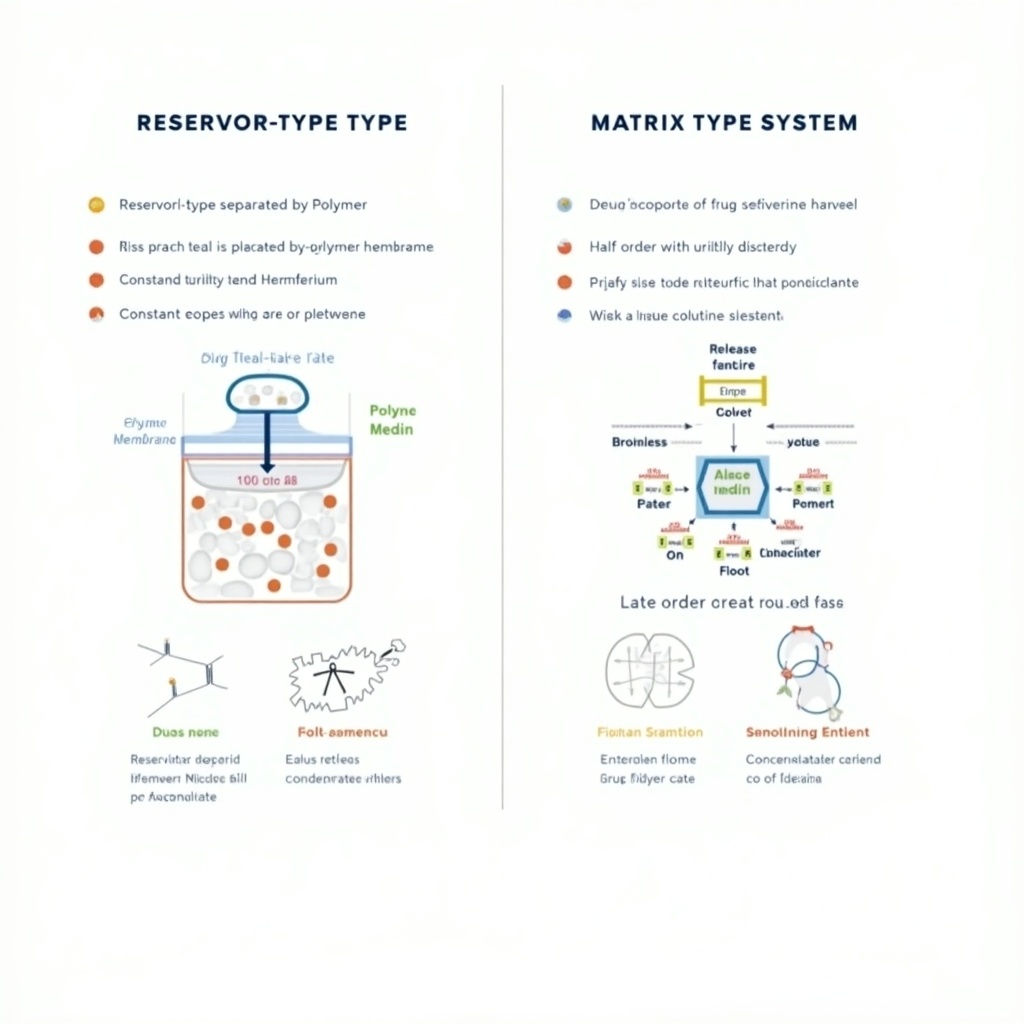 Infographic comparing reservoir-type systems and matrix type systems for drug delivery. Highlight differences in drug release mechanisms. Discuss constant release rate and factors affecting drug flux. Include definitions of each type. Emphasize importance of polymer membranes and diffusion principles.