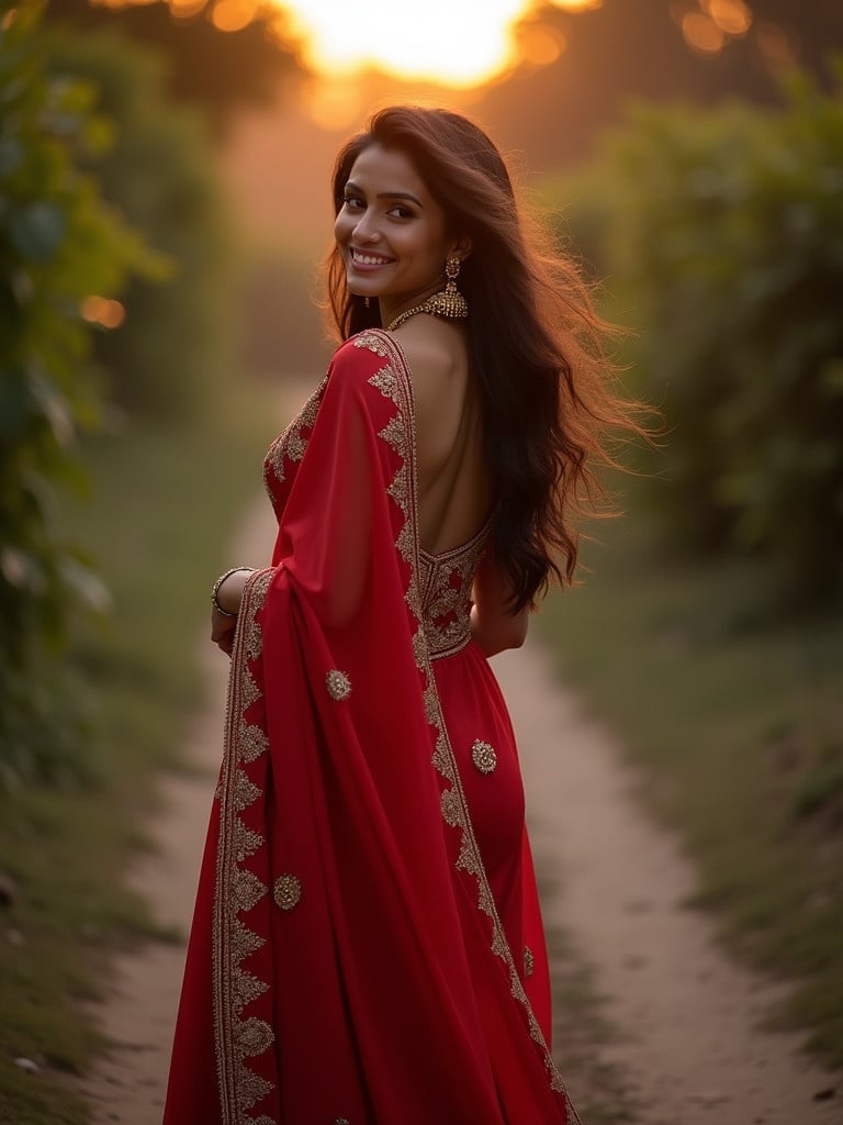 A woman in a red saree with gold embroidery stands on a dirt path. Lush greenery surrounds her. The sunset casts a warm glow. She has long hair flowing in the breeze and wears elaborate gold jewelry. The scene captures cultural elegance and beauty.