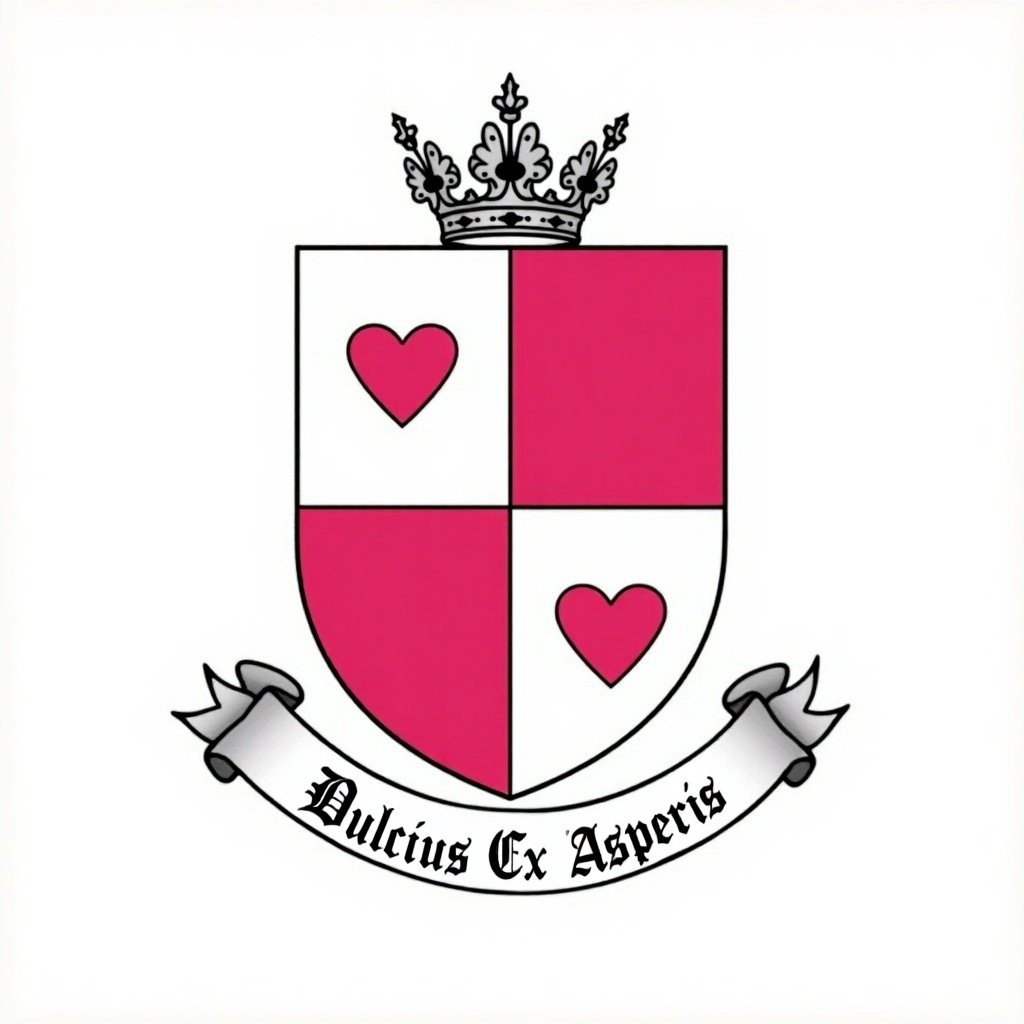 Heraldic design showcasing a shield divided into quarters. Top left and bottom right feature white charges. Top right and bottom left contain pink charges. Includes hearts, silver ducal coronet above the shield, a ribbon with the motto 'Dulcius Ex Asperis'.