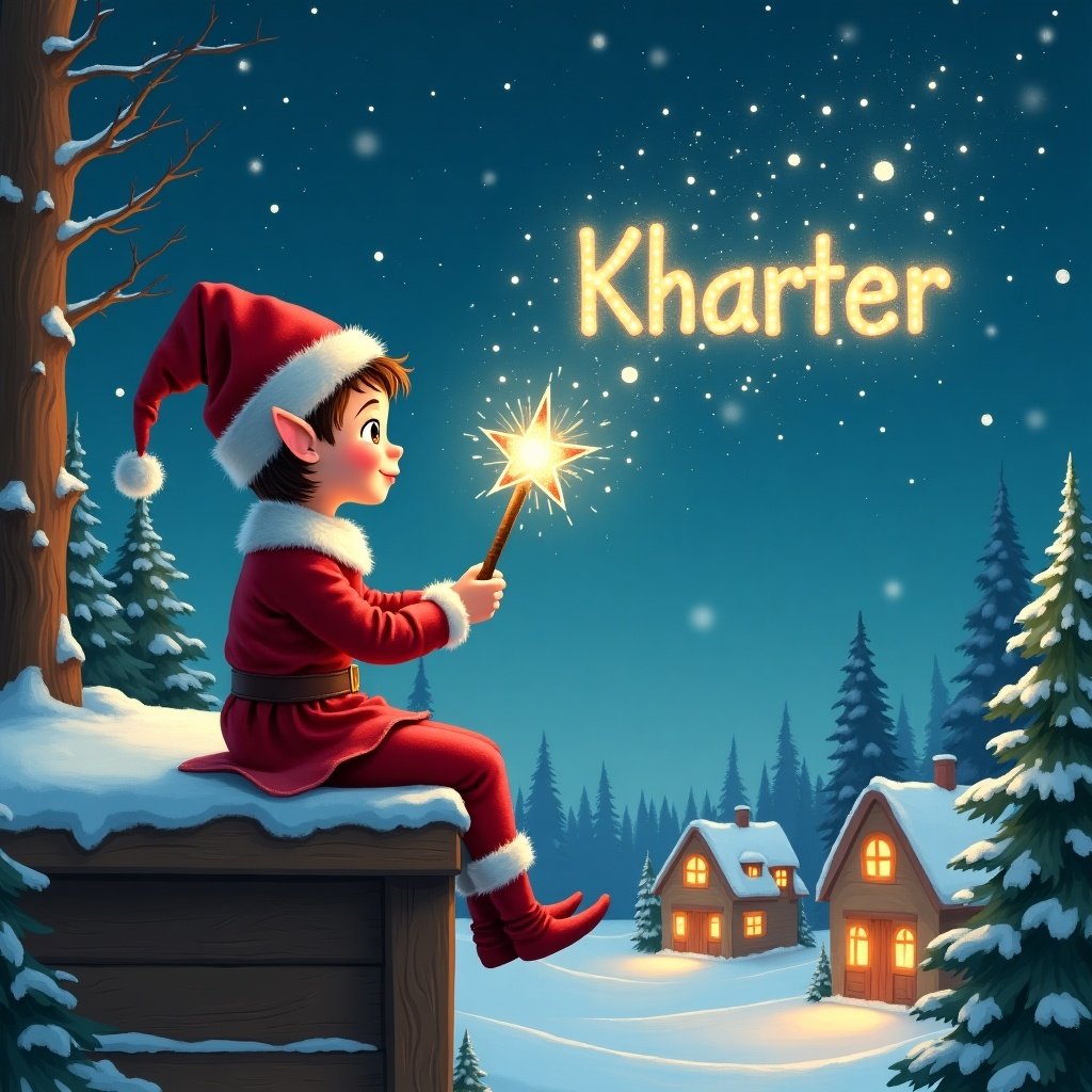 Elf sits on ledge with sparkling wand. Elf wears red outfit and hat. Wand writes 'Kharter' in sky. Background has snowy landscape, charming houses, evergreen trees. Scene captures Christmas magic and cheer.