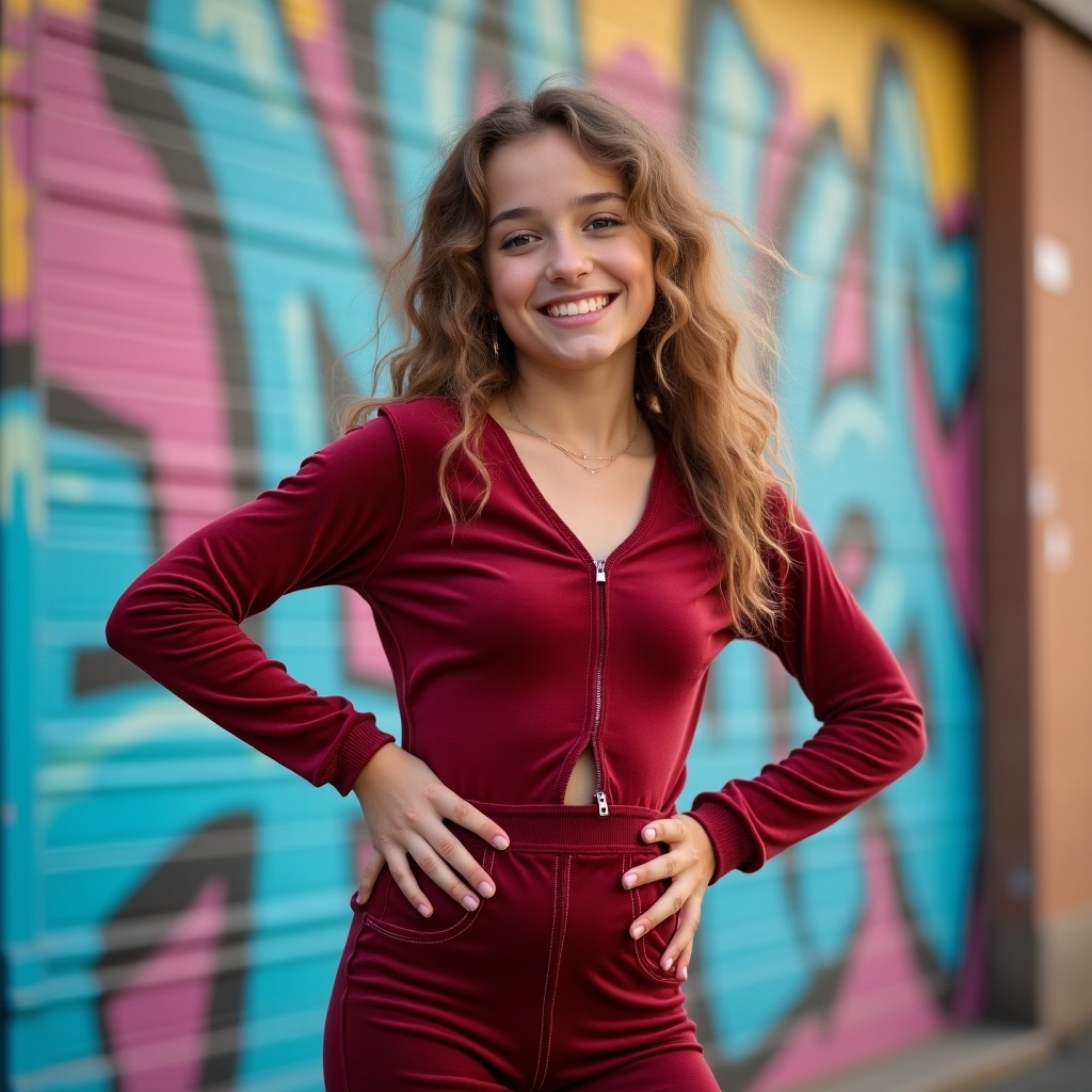 Teen girl poses in a stylish tight velour outfit. Urban background features vibrant graffiti. The girl stands confidently with hands on hips.