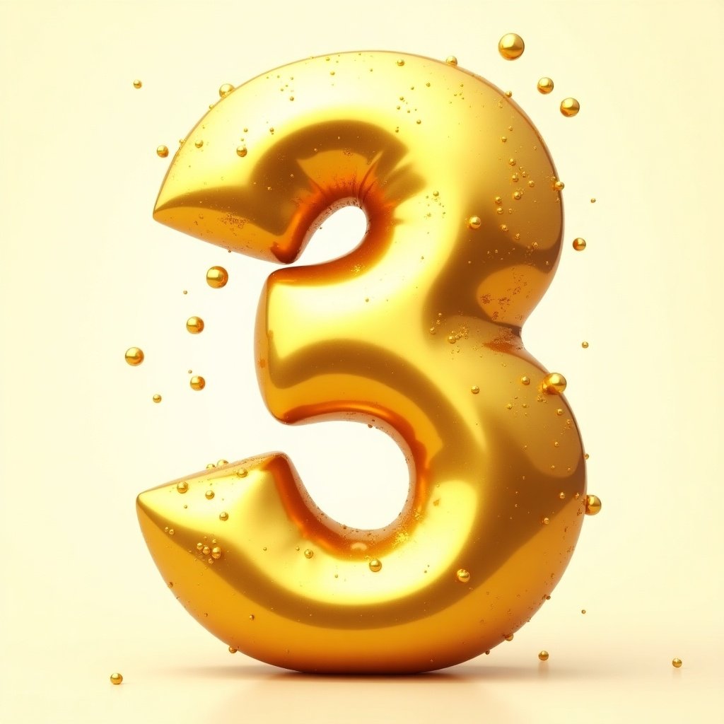 A shiny golden number three with a glossy, liquid-like texture. It is surrounded by small, spherical golden droplets and has no background.