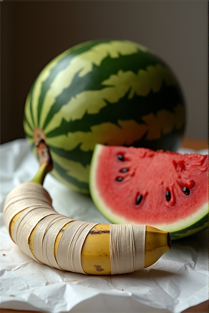 A banana wrapped in elastic bands is placed in front of a whole and sliced watermelon.