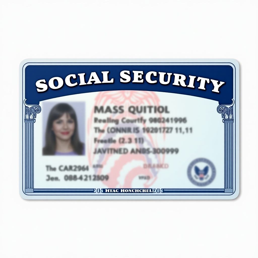 Image of a Social Security card showing its design and features. Displays 'Social Security' prominently. Designed in blue, white, and red colors. High-resolution details visible for study.