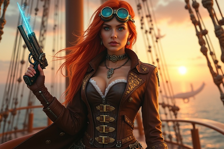 Steampunk sky pirate standing confidently on an airship deck. Fiery red hair blows in the wind. Stylish brown leather coat with gold embroidery. Corset with brass buckles. Wearing fingerless gloves. Futuristic steampunk goggles on her forehead. Carrying a modified flintlock pistol. Background shows a vibrant steampunk sky with floating islands and zeppelins. Dominant pose exudes confidence and power. Warm sunset glow reflects off metallic details.