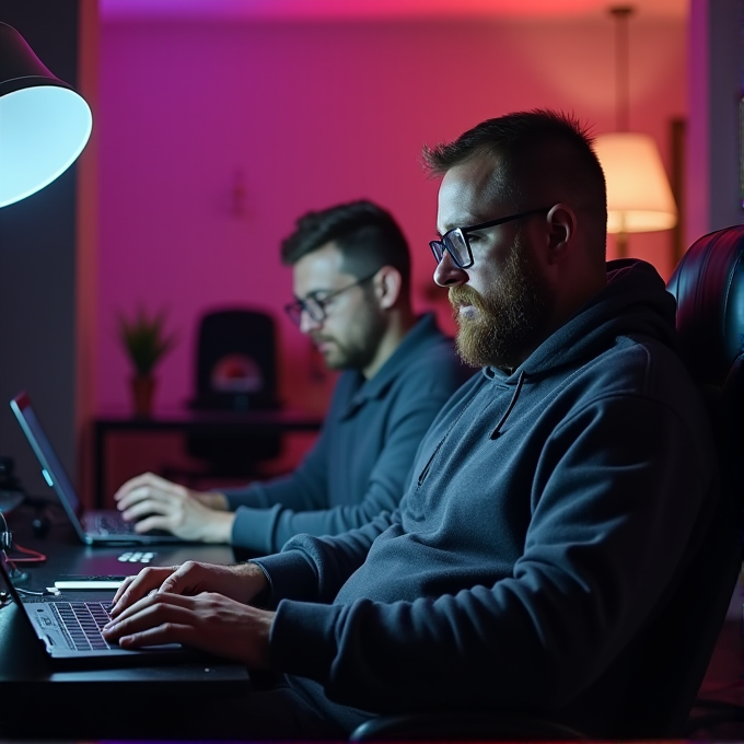 Two men are focused on their laptops in a dimly lit room with colorful lighting.