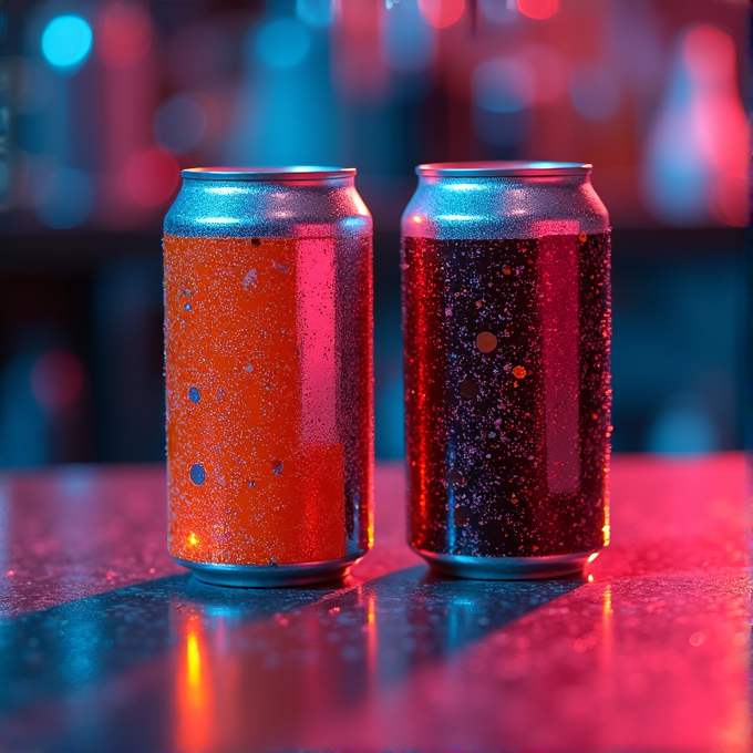 Two soda cans, one orange and one black, are illuminated by bright red and blue lights with a sparkling surface.