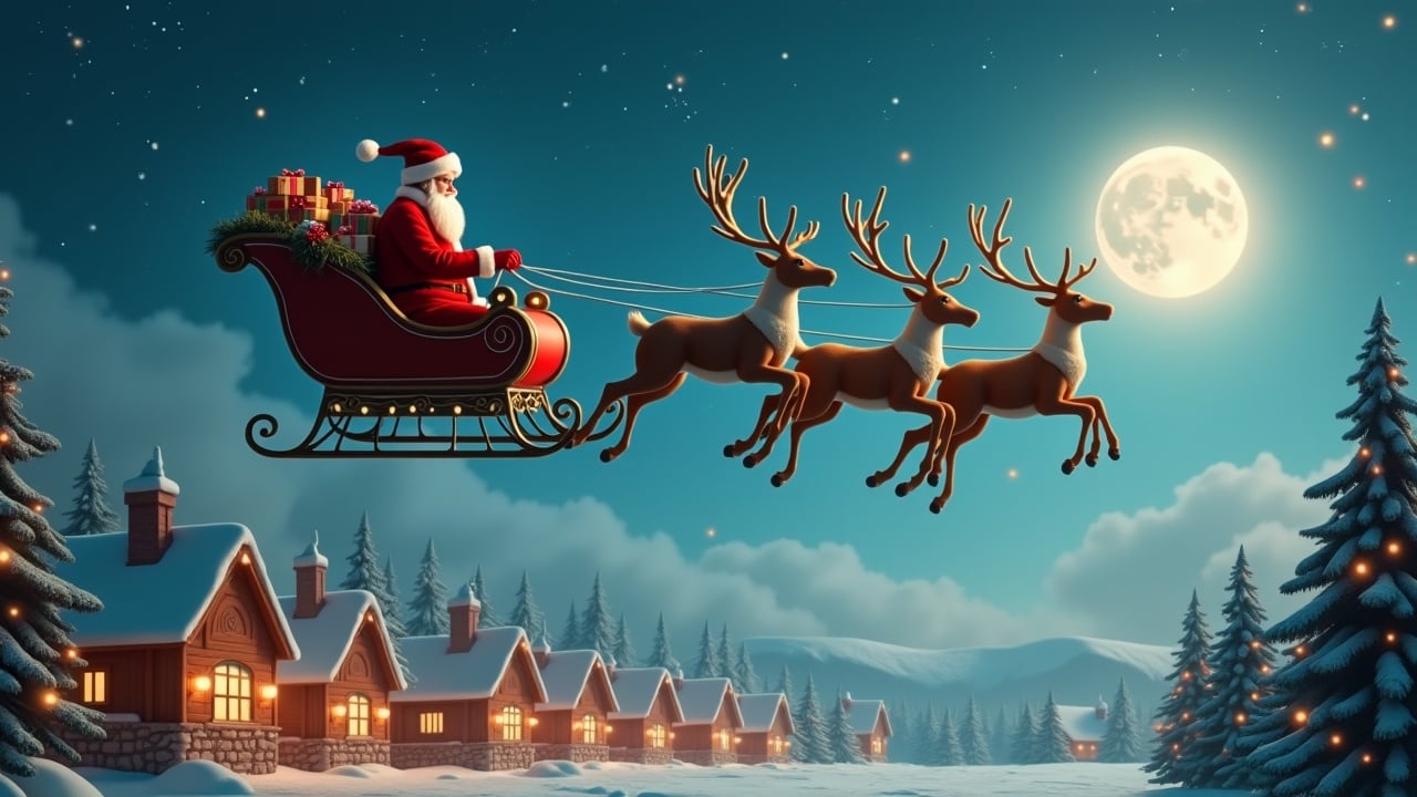 Santa Claus drives a flying sleigh. Sleigh is pulled by three reindeer. Scene includes a small town with decorated buildings. Smoke rises from chimneys. Warm lights are in windows. Christmas trees are adorned. Moon shines with a tiny halo in the top right. Stars are visible in the sky. Presents are in the sleigh.