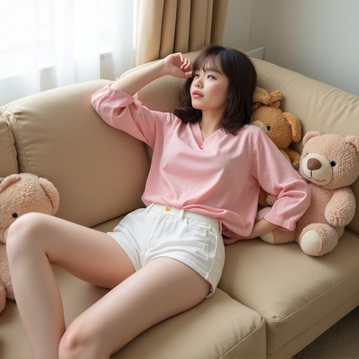 A person lounges on a beige couch. The person wears a pink blouse and white shorts. Teddy bears are nearby. The setting is casual and comfortable.