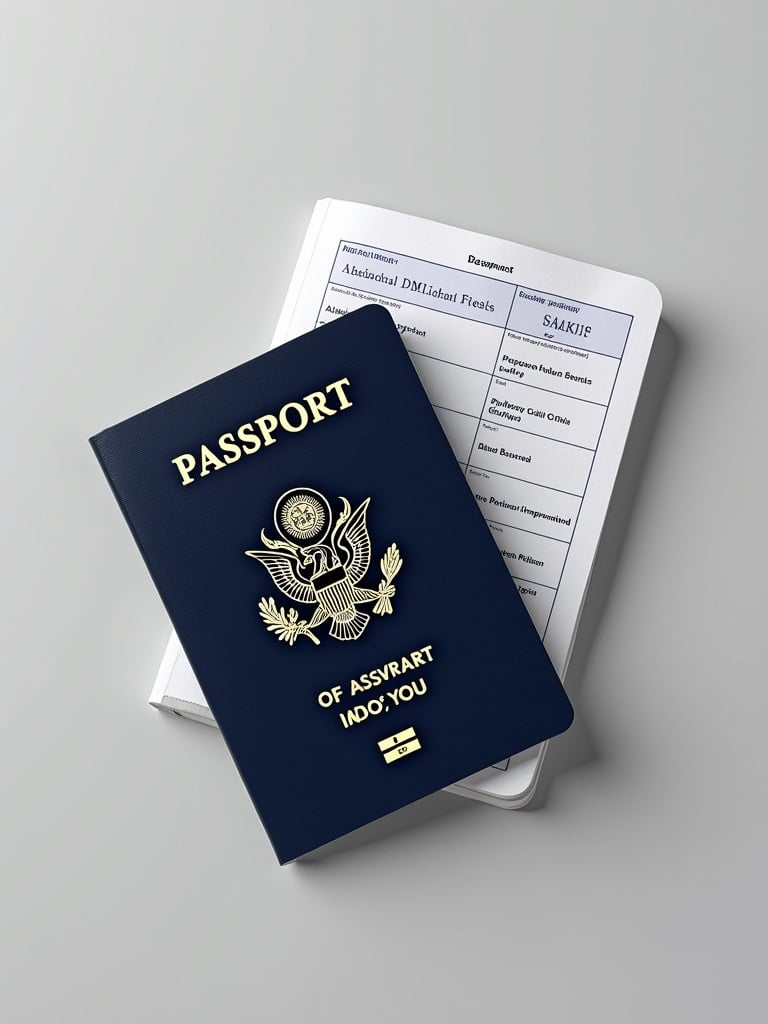 A flat U.S passport in a neutral background. The passport cover is visible with an eagle emblem. Open pages reveal a standard layout. No personal information is displayed.